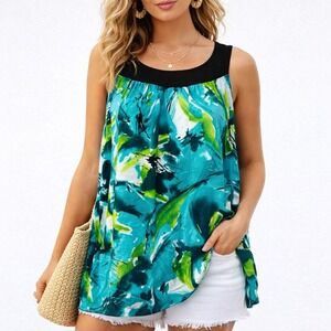 Double Take Womens 1X Turquoise Green  Floral Rayon Tunic Tank Top USA Coastal